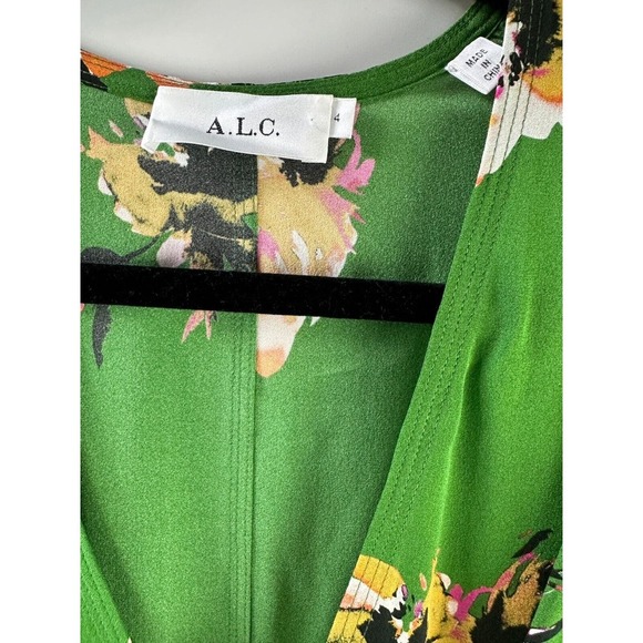 A.L.C. 100% Silk Cora Wrap Dress Green Floral Tie V-Neck SS Women's Size 4 ALC - Picture 11 of 16